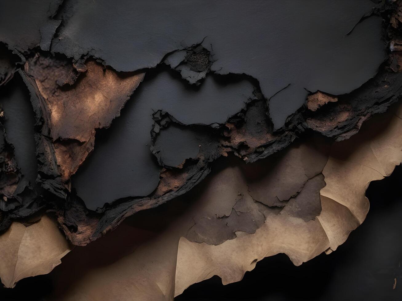 A high-resolution macro of burnt paper crumbling into dark fragments. photo