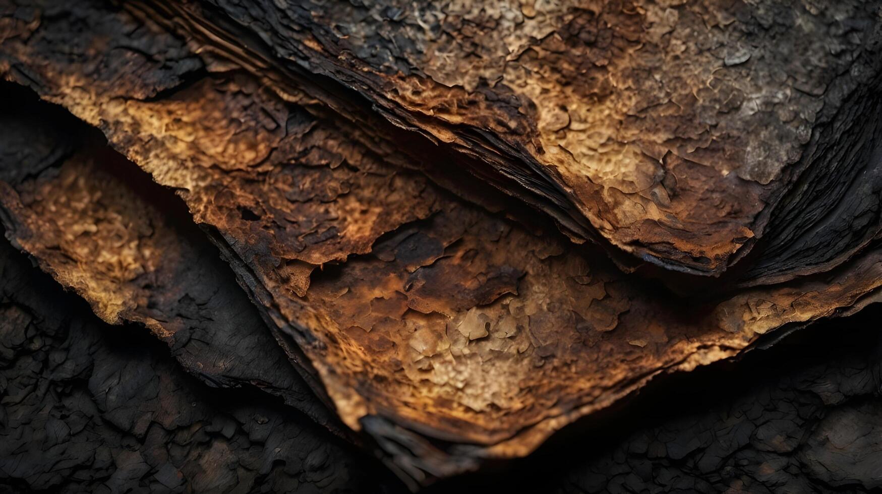 A detailed shot of blackened, burned paper edges with textured cracks. photo