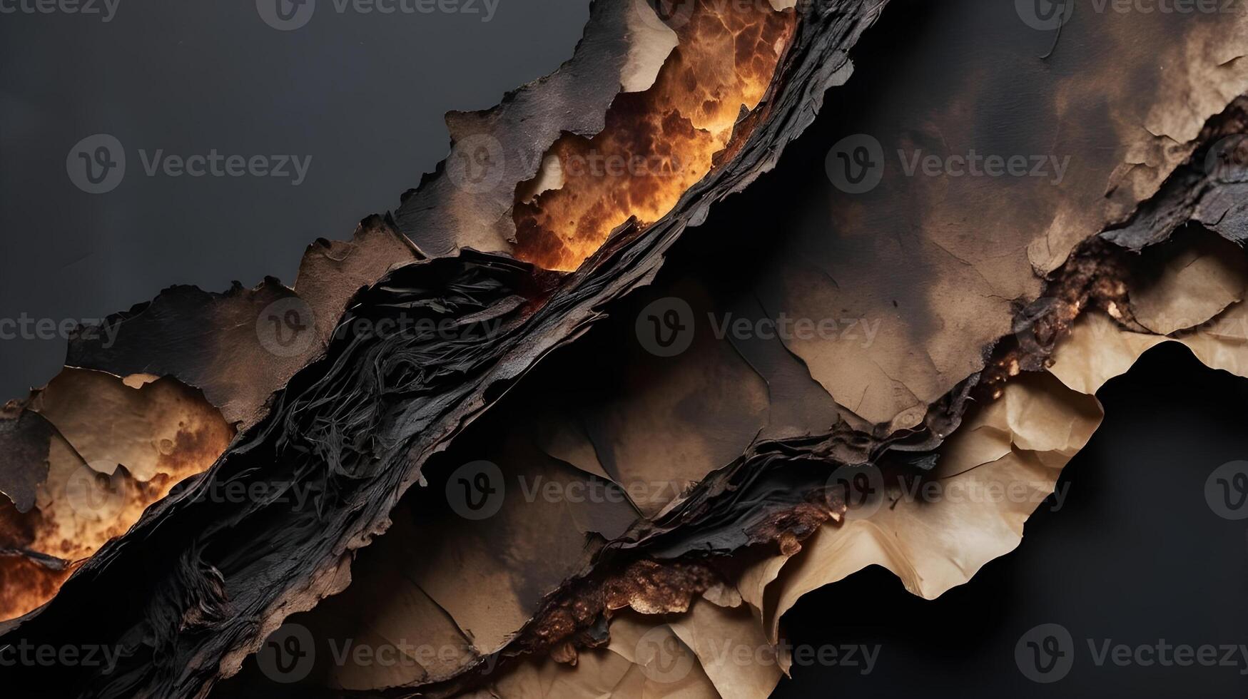 A zoomed-in image highlighting dark, brittle paper along a scorched tear. photo