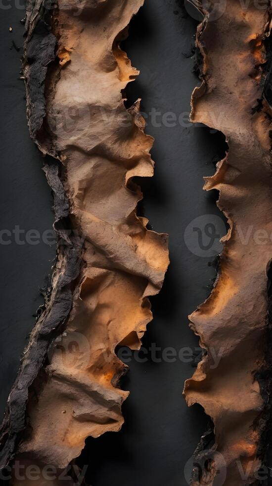 A macro capture of brittle, charred paper edges with dark shadows. photo