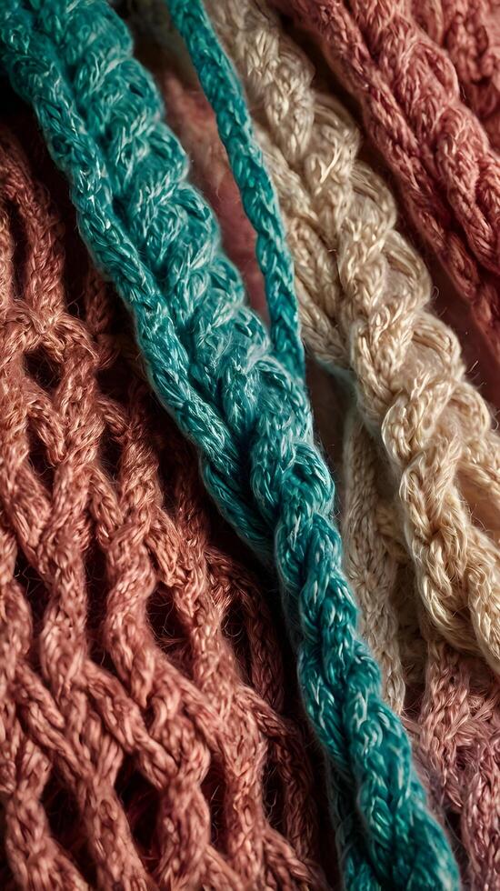 A macro of interwoven threads in a knitted fabric with visible loops. photo