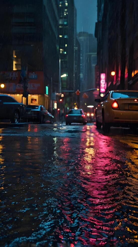 A close-up of glowing neon lights reflected on a rain-soaked pavement. photo
