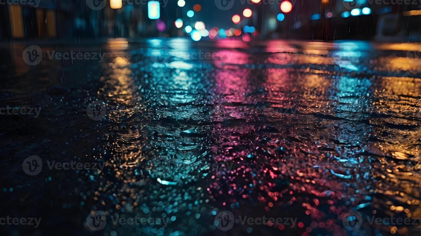 A detailed shot of colorful neon reflections shimmering on a wet surface. photo