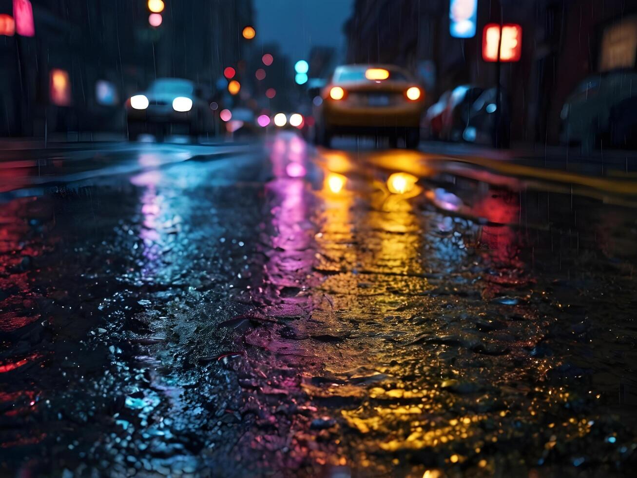 A dramatic close-up of bright city lights reflected in a puddle of rainwater. photo