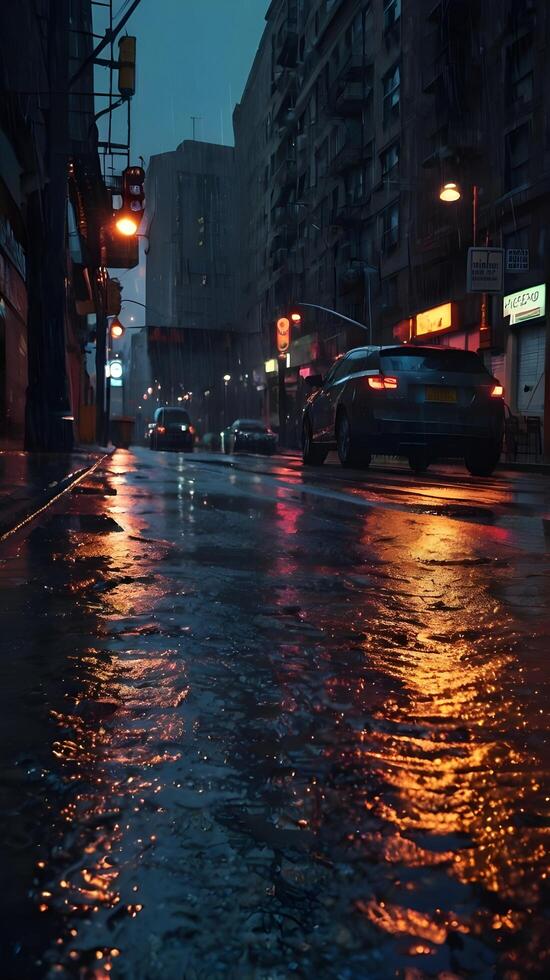 A macro view of neon hues reflecting on a wet, reflective street surface. photo