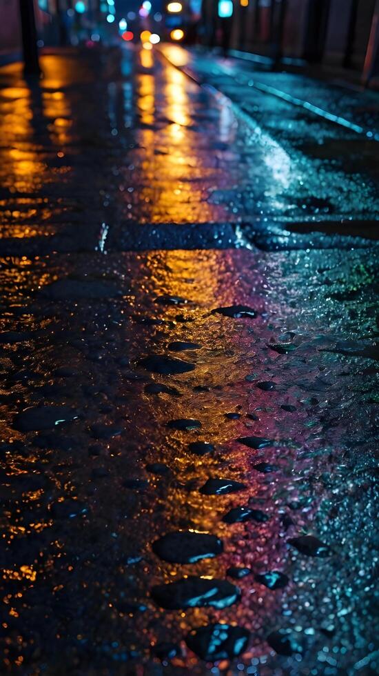 A high-definition capture of neon city lights mirrored on a rain-slicked road. photo