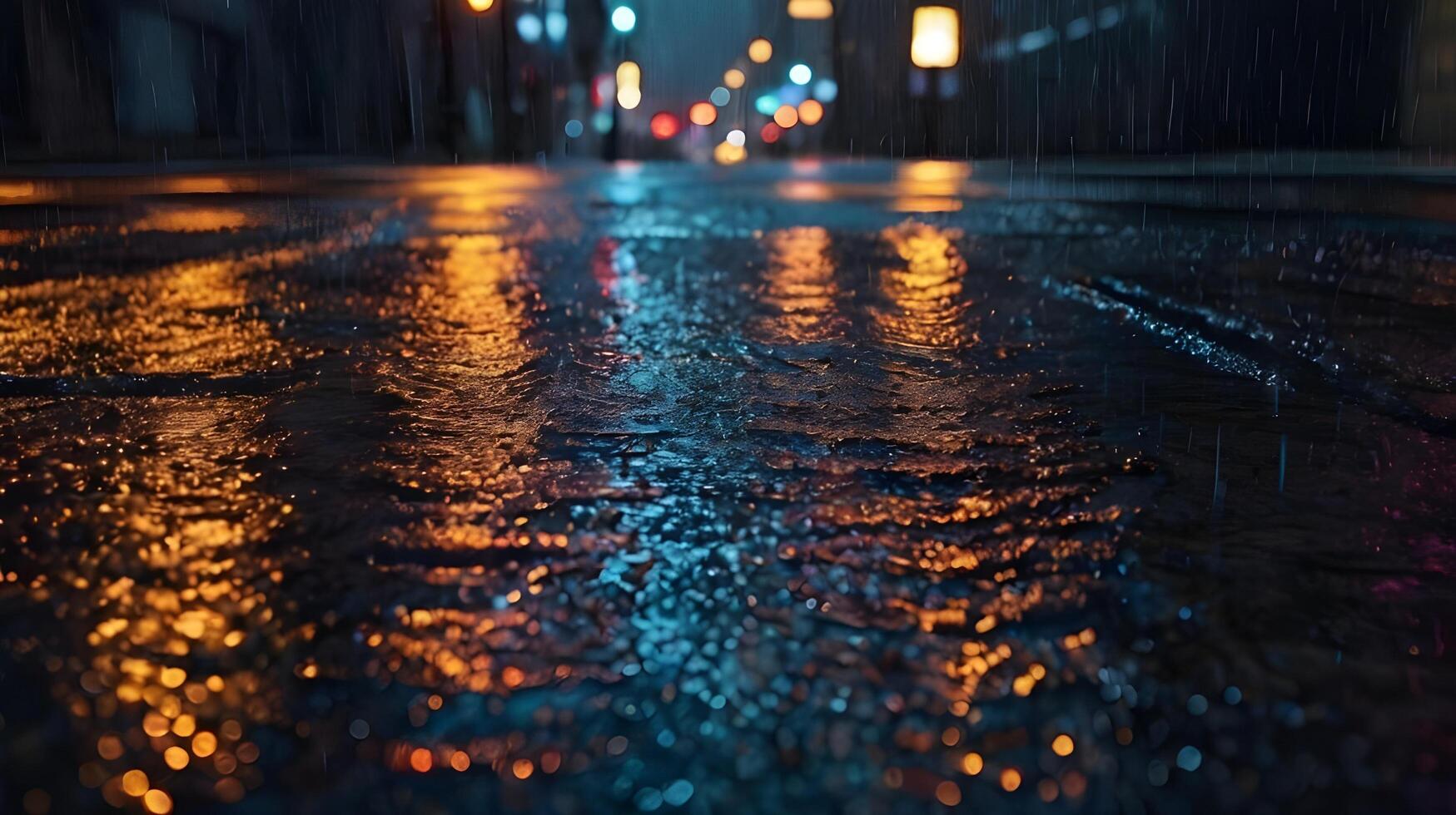 A striking macro shot of neon city lights mirrored on a wet, rain-soaked surface. photo