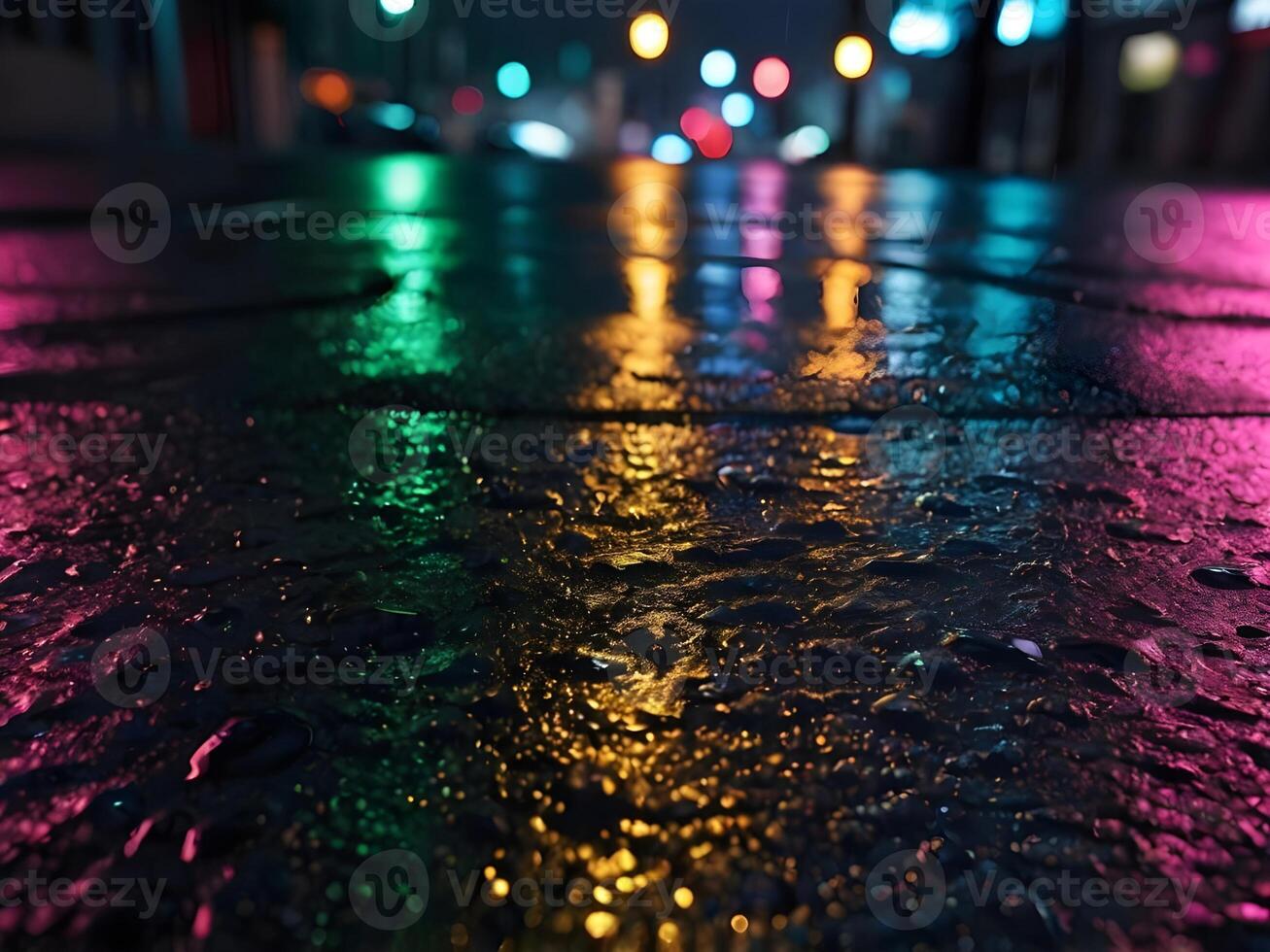 A close-up view of vibrant neon reflections on a rain-drenched surface. photo