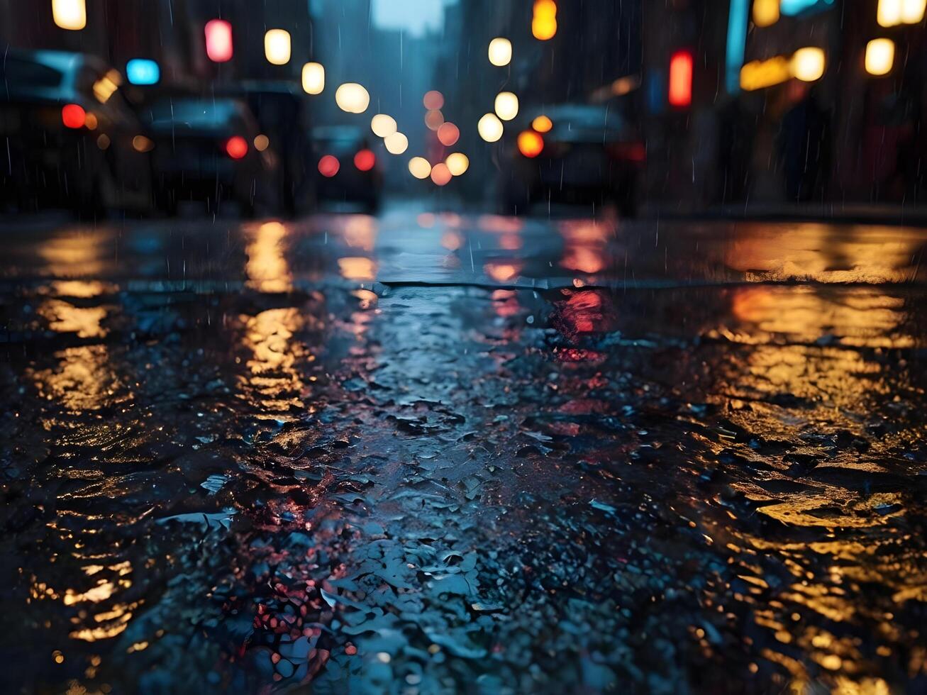 A zoomed-in perspective of neon signs glowing on a rain-washed surface. photo