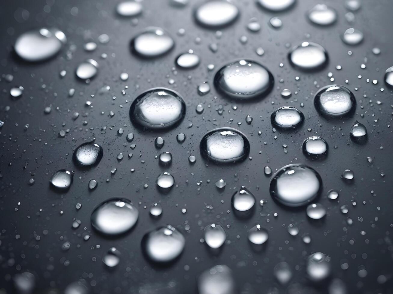 A macro shot of water beads glistening on metallic texture. photo