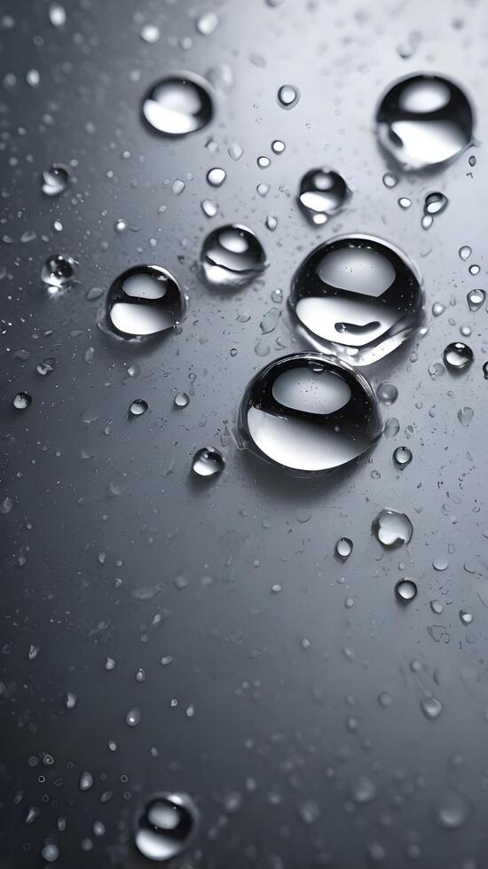 A macro view of beaded water droplets on polished metal. photo