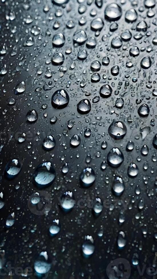 A detailed close-up of water droplets sitting on a metallic texture. photo