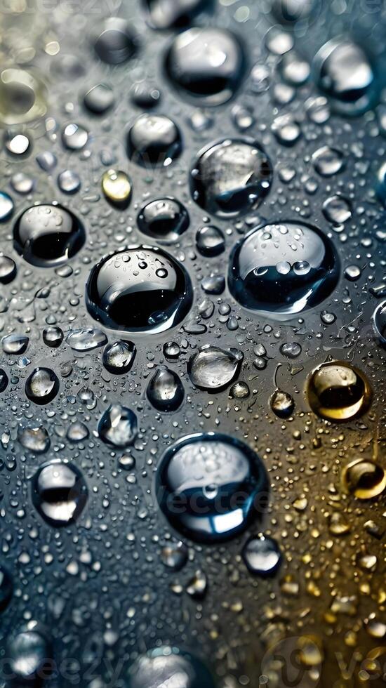 A close-up capture of water droplets scattered across a metal surface. photo