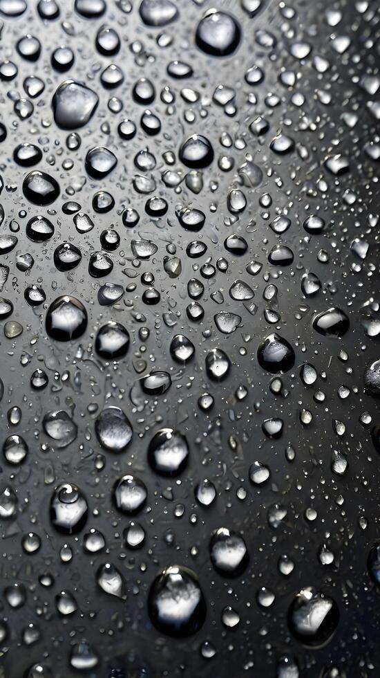 A macro image showing water droplets beading on reflective metal. photo