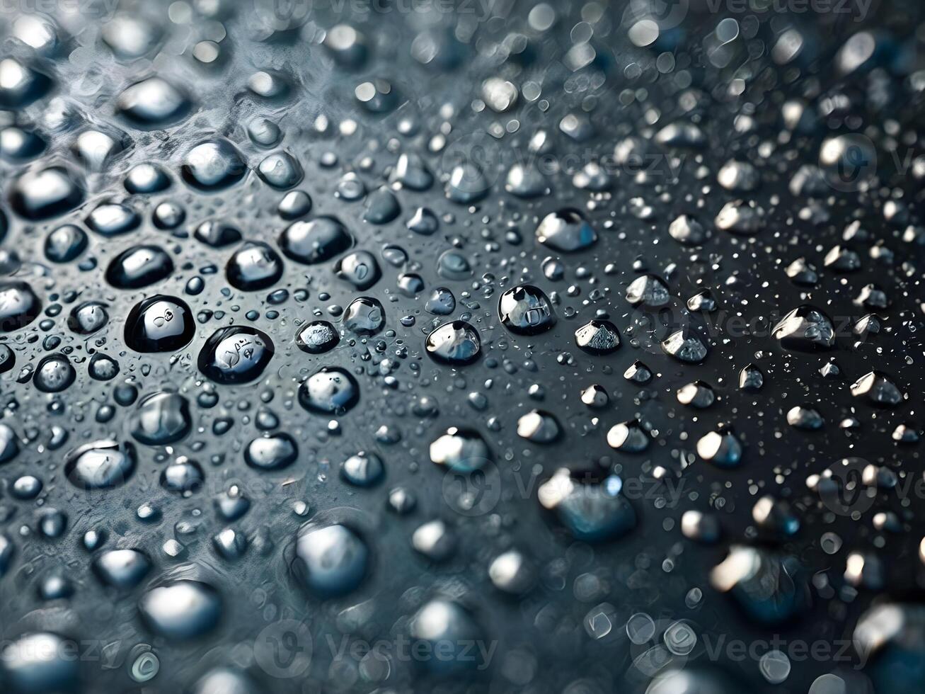 A high-definition close-up of water droplets resting on a metallic surface. photo