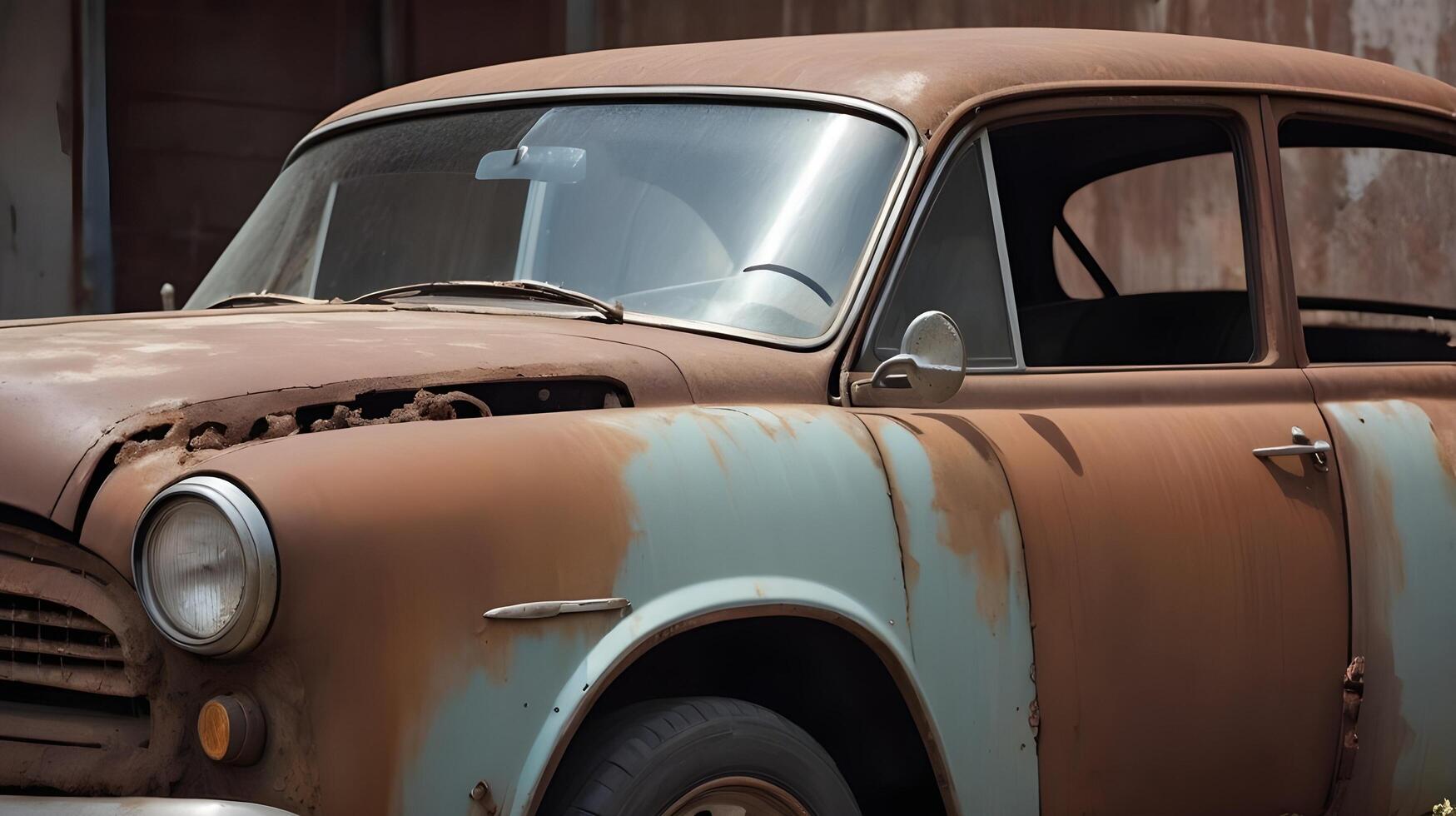 A highly detailed image of chipped car paint, showing corroded metal underneath. photo