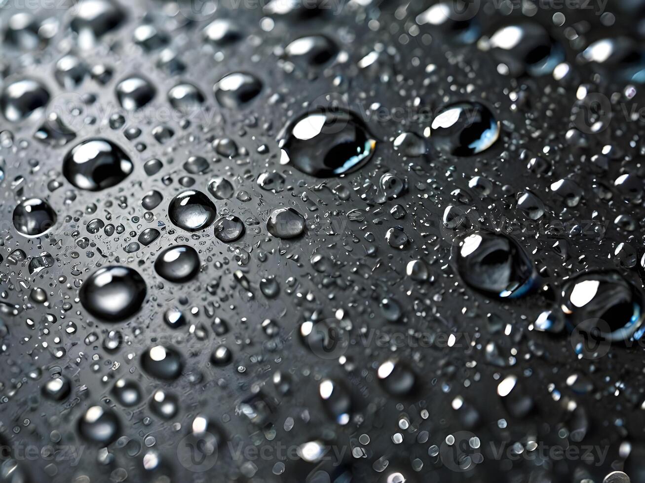 A zoomed-in view of beaded water droplets on shiny metal. photo