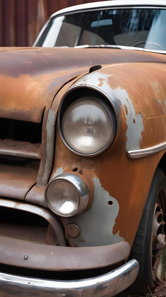 A close-up of an aged car with flaking paint and exposed rusty metal. photo