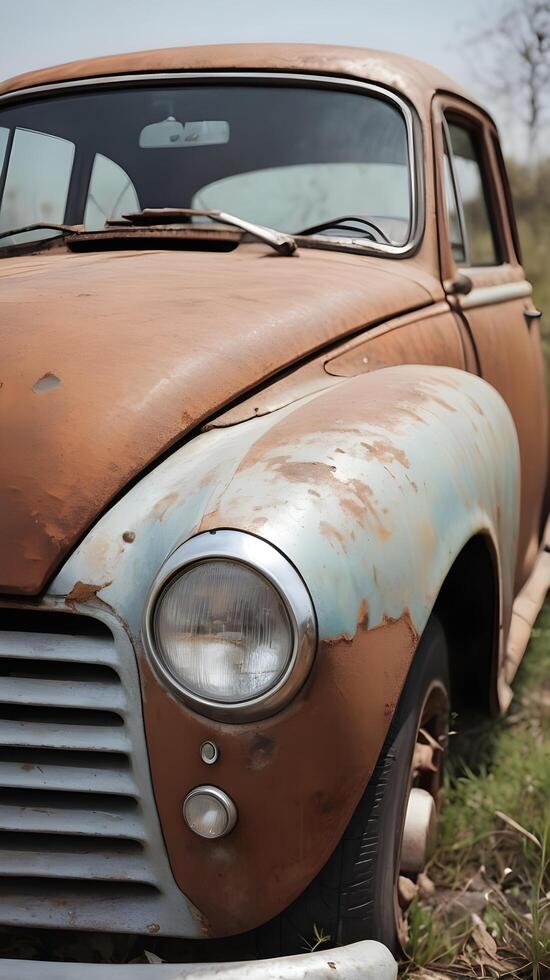 A macro view of chipped automotive paint uncovering rusted metal beneath the surface. photo