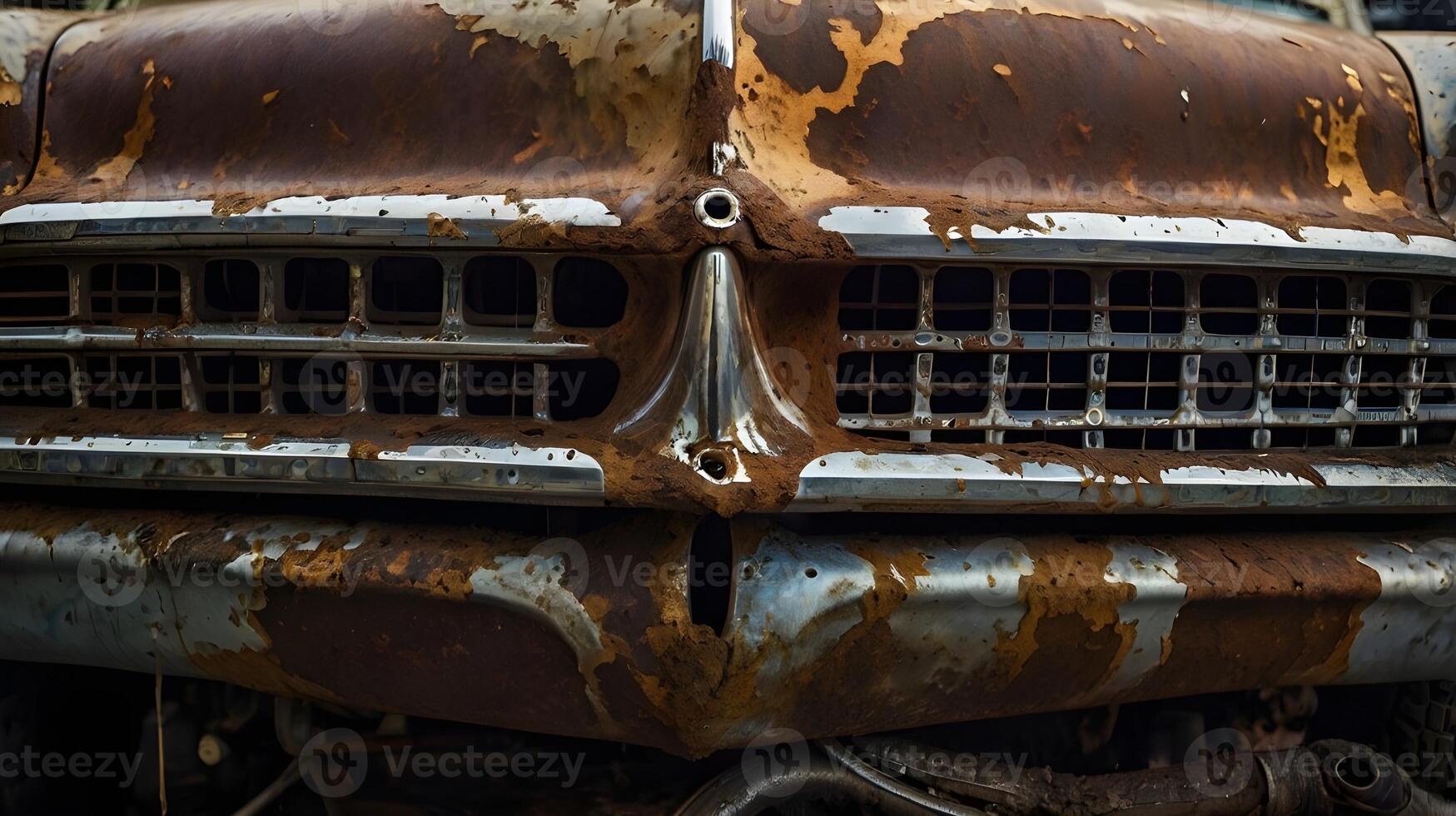 A detailed shot of peeling car paint, revealing rusted layers underneath. photo