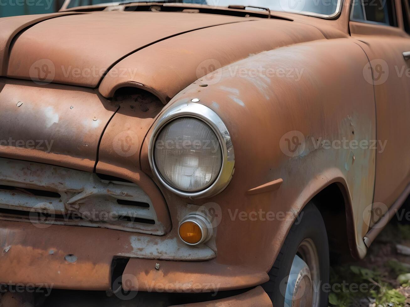 A close-up of flaking paint on an old vehicle, showing rusted metal beneath. photo