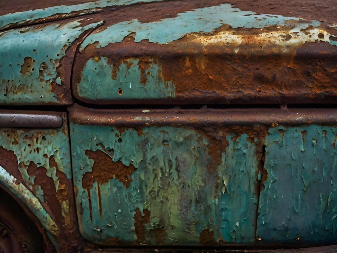 A macro capture of chipped paint on an aging car, uncovering rusty metal below. photo