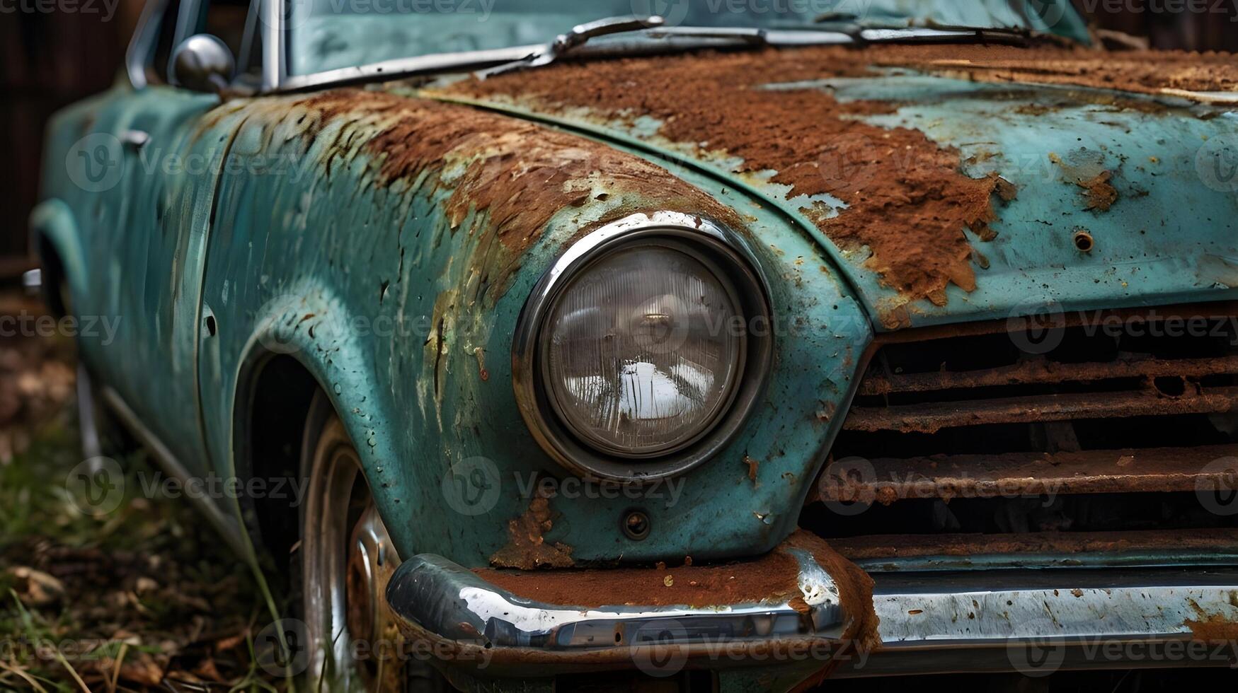 A close-up macro shot of an old cars chipped paint exposing rusted metal underneath. photo