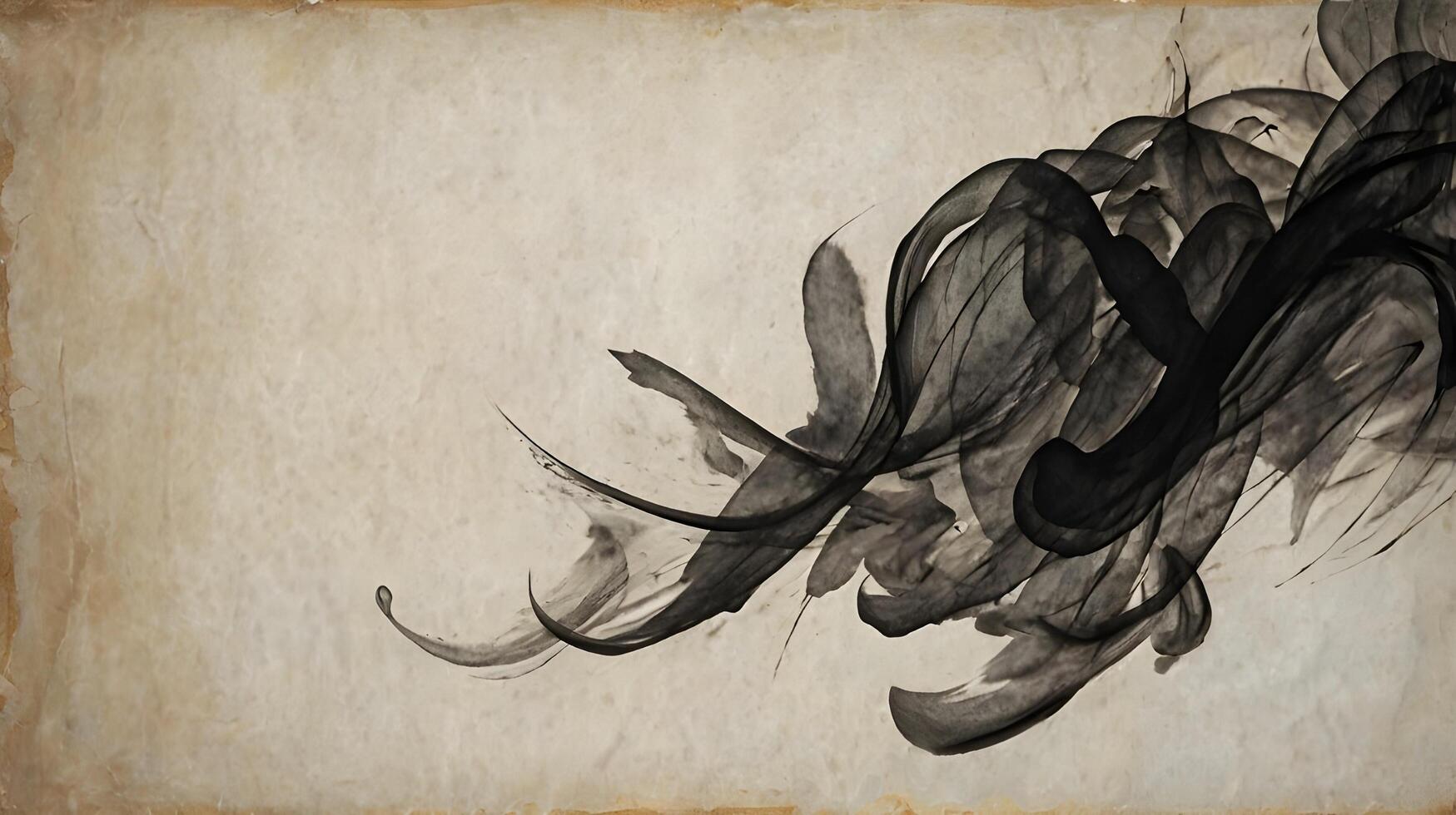 A close-up view of delicate ink brush strokes seeping into rice paper. photo