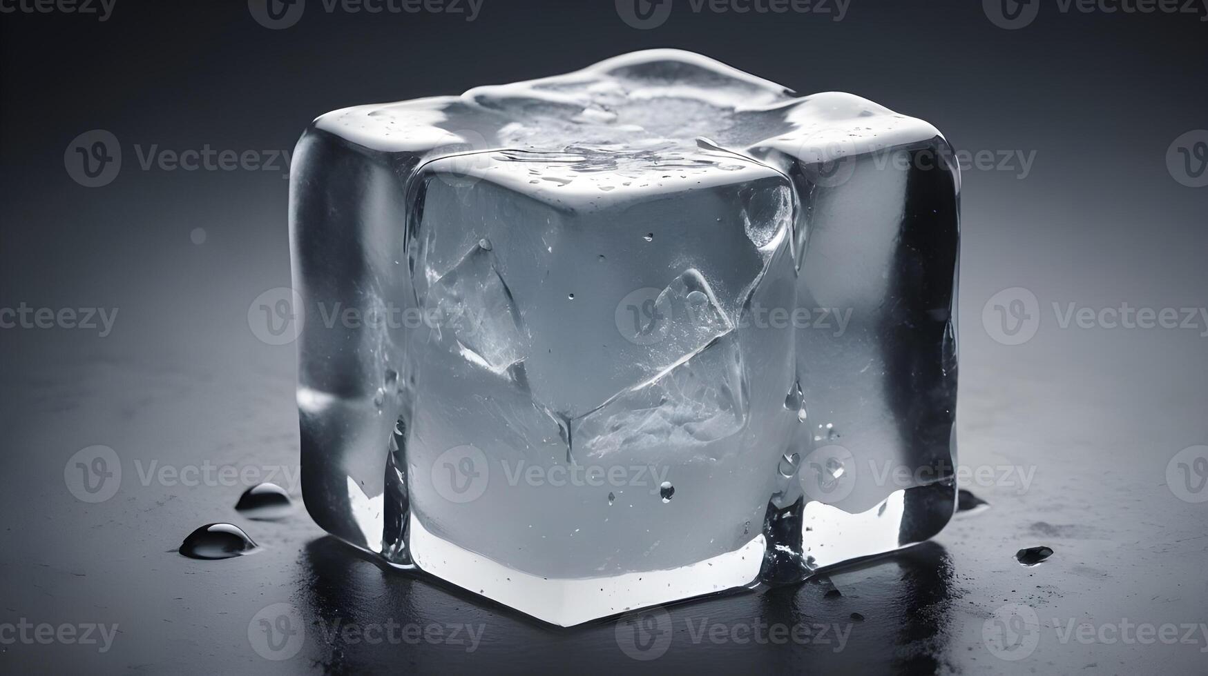 A close-up of a melting ice cube with visible cracks, releasing droplets of water. photo