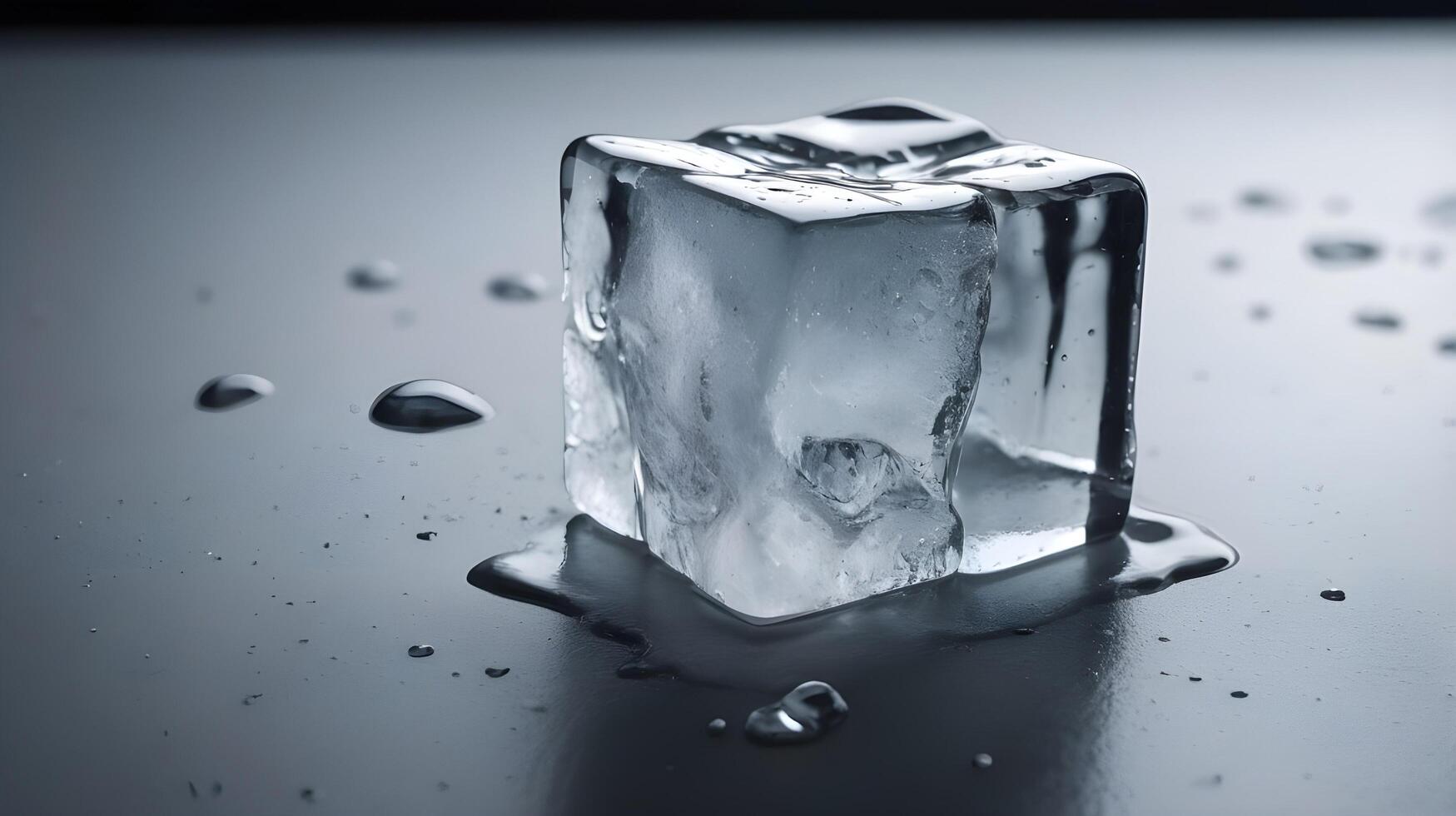 A macro shot of a melting ice cube, showcasing visible cracks and surrounding water drops. photo