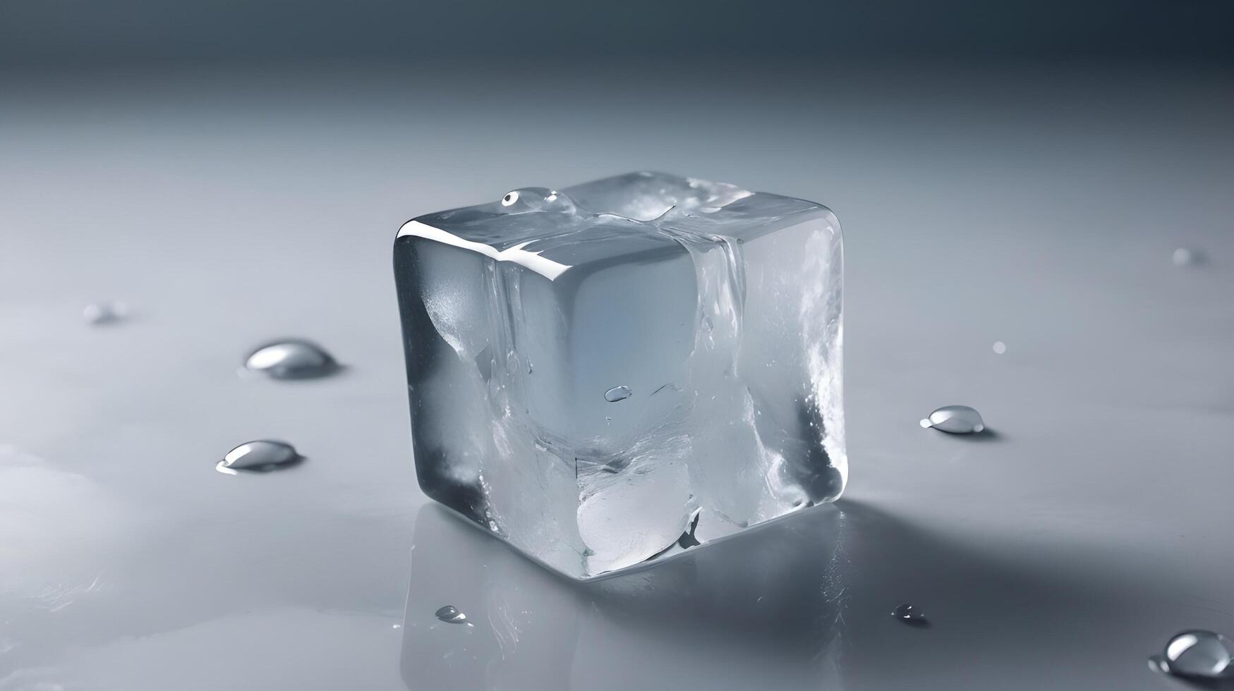 A high-definition shot of a melting ice cube, with cracks and glistening water droplets. photo