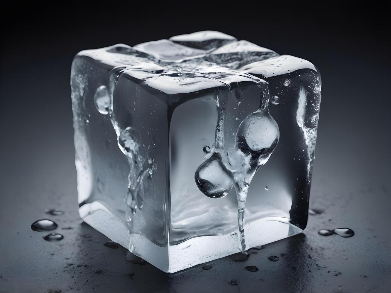 A detailed view of a melting ice cube with visible fractures and water beads on the surface. photo