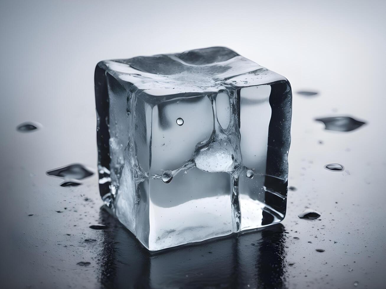 A close-up of a melting ice cube, revealing cracks and droplets on its surface. photo