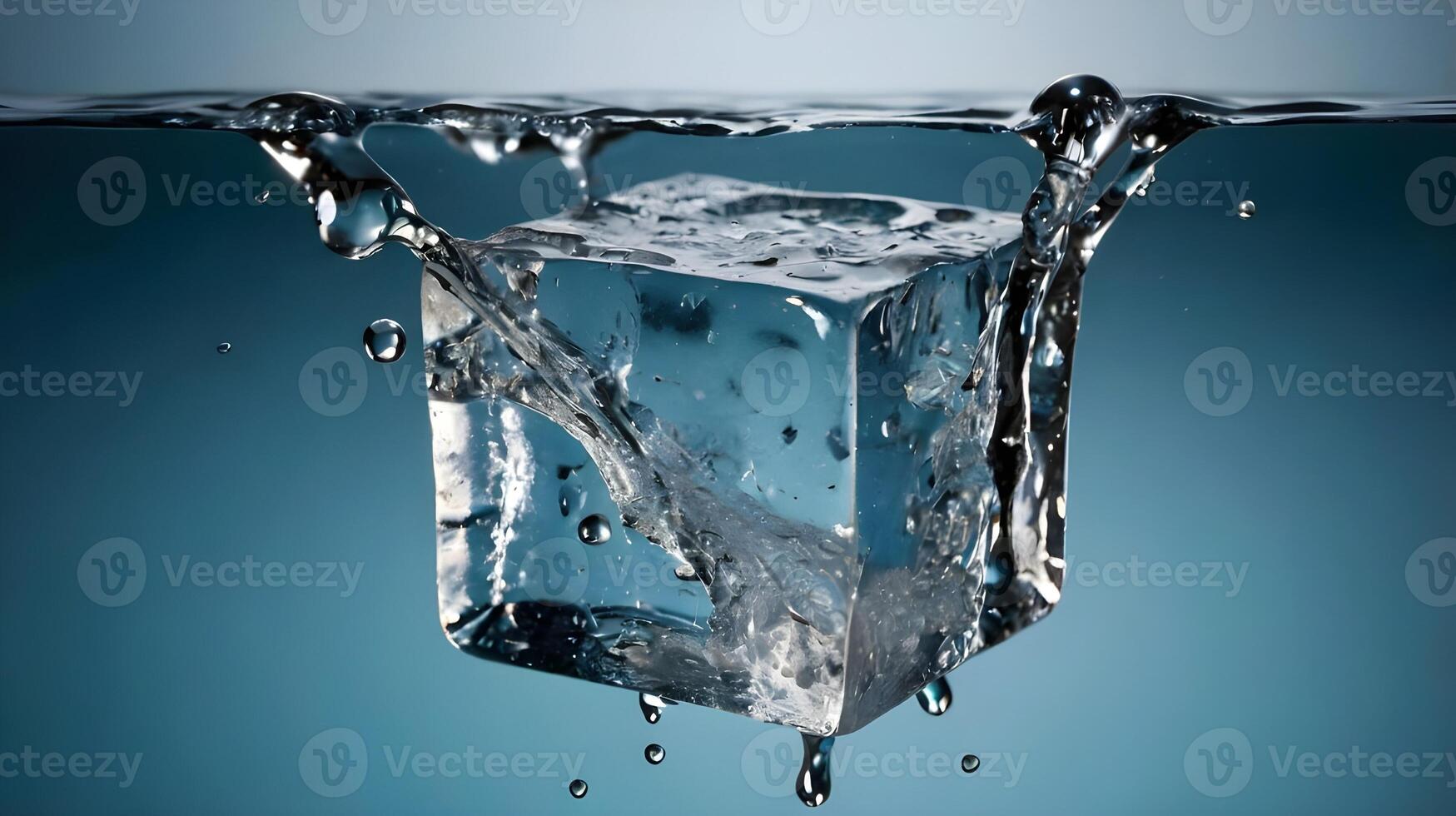 A macro capture of a melting ice cube, showing cracks and water droplets forming around it. photo