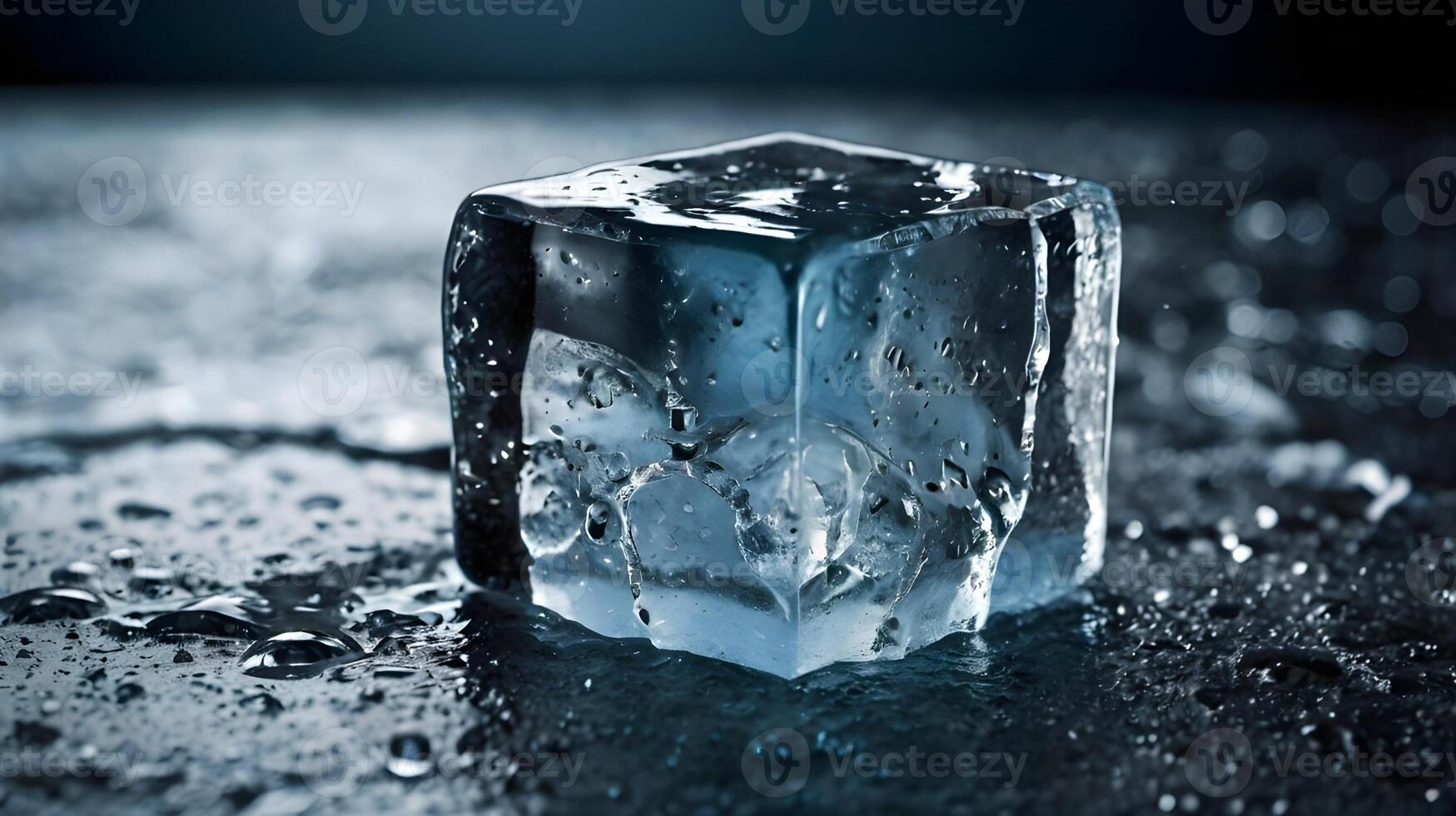 A detailed capture of a melting ice cube, showing fractures and water collecting on its surface. photo
