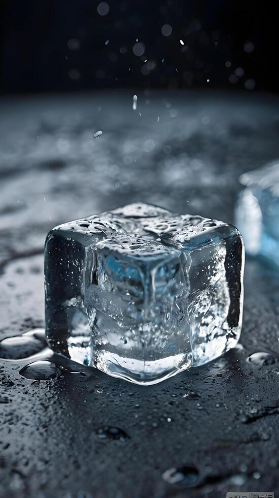 A close-up of a melting ice cube, with visible cracks and water forming around it. photo