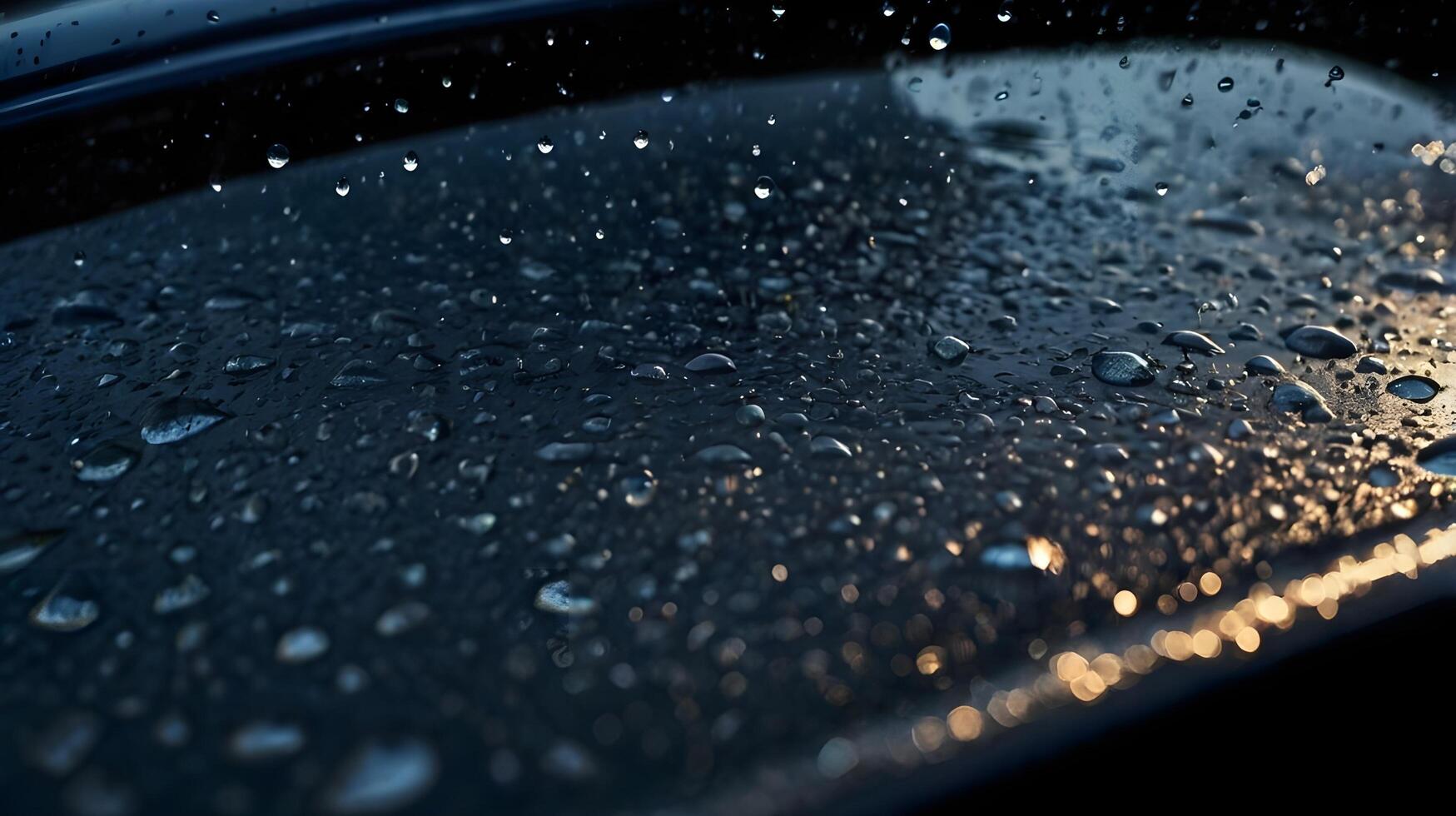 A macro shot of rain beads resting on a windshield against a dark night backdrop. photo