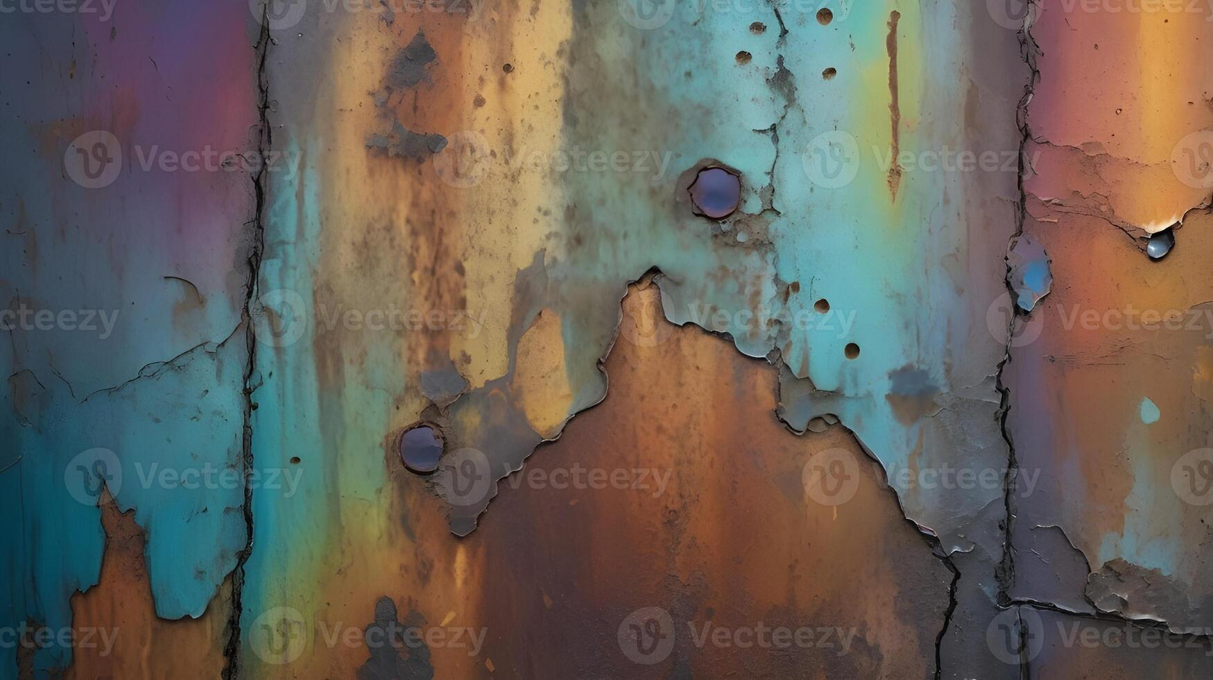 A detailed image of metal with vibrant oxidation patterns caused by heat. photo