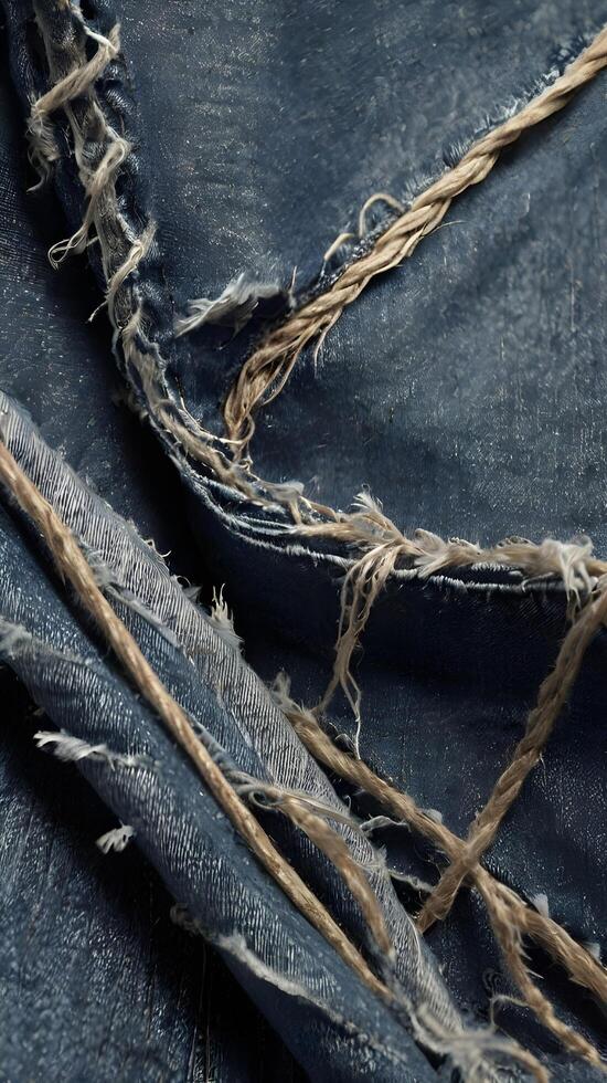 A close-up capture of distressed denim fabric with visible thread fraying. photo