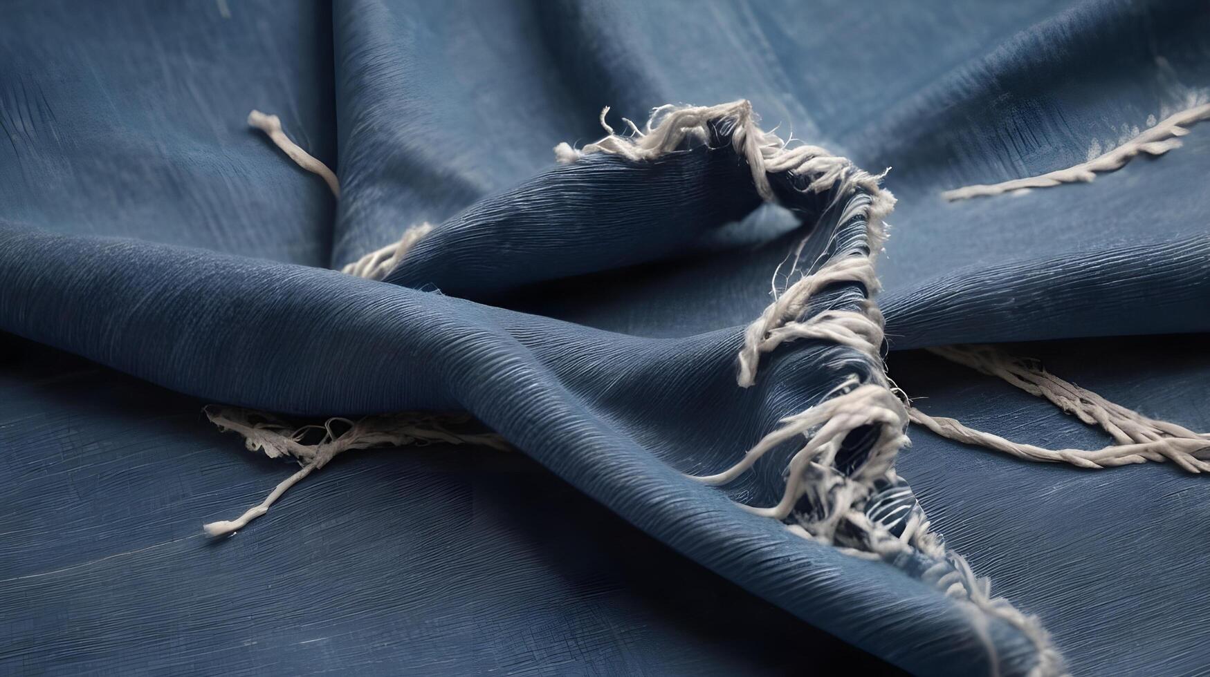 A highly detailed image of distressed denim with loose, stray threads. photo