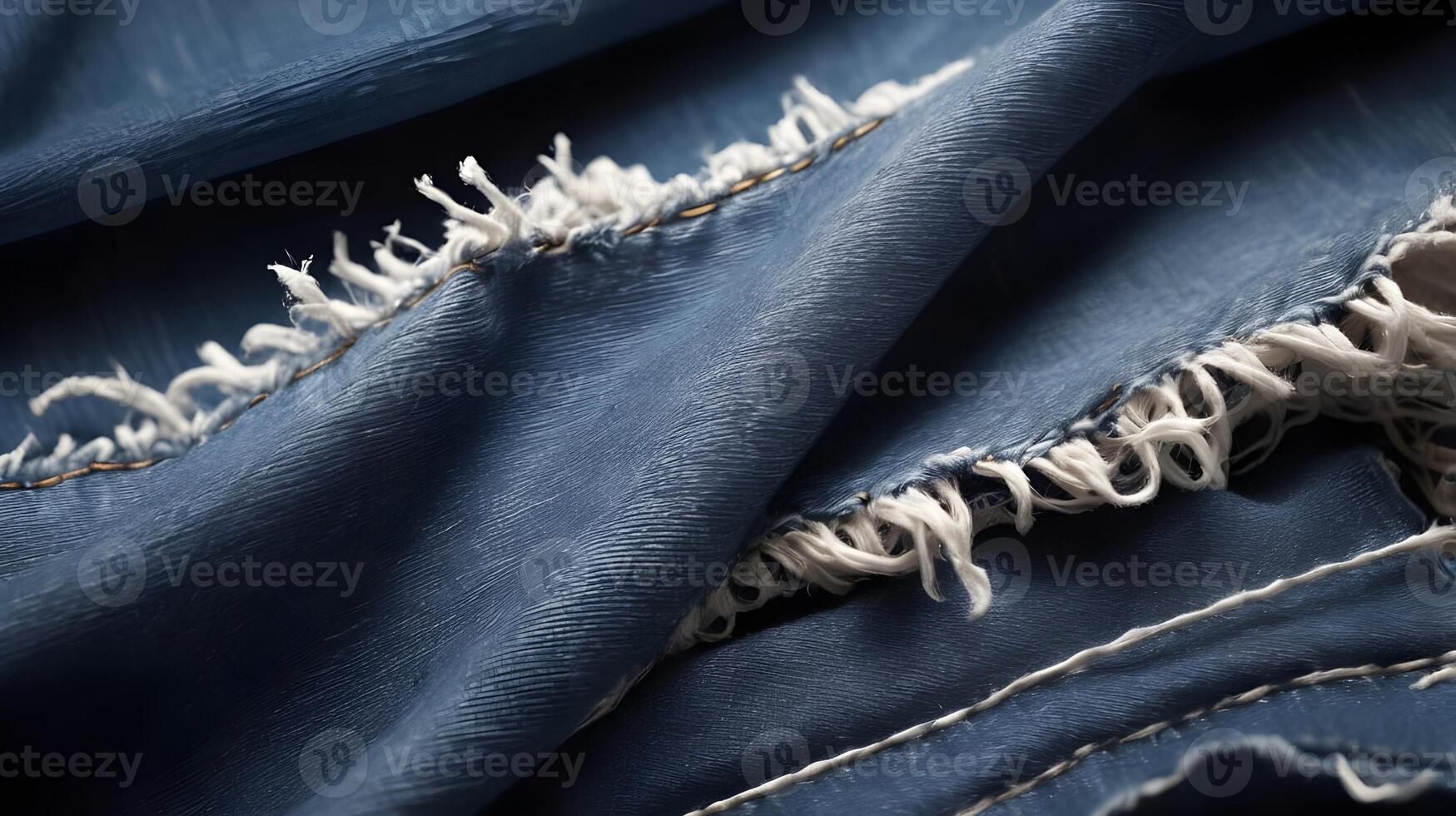 A high-resolution capture of frayed denim, highlighting unraveling fibers. photo
