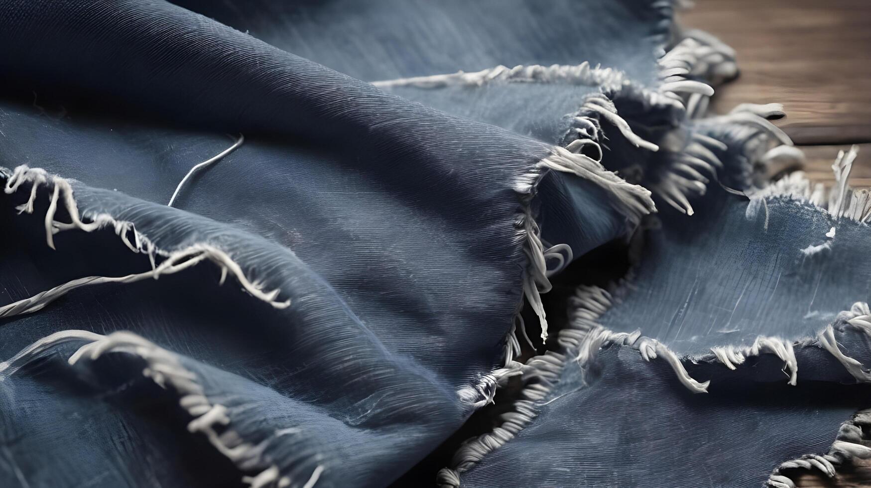 A detailed macro shot of denim with frayed edges and stray strands. photo