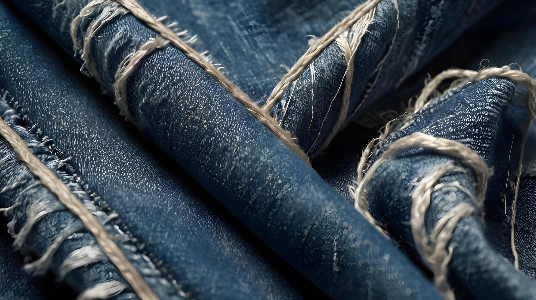 A close-up of aged denim fabric with loose, hanging threads. photo