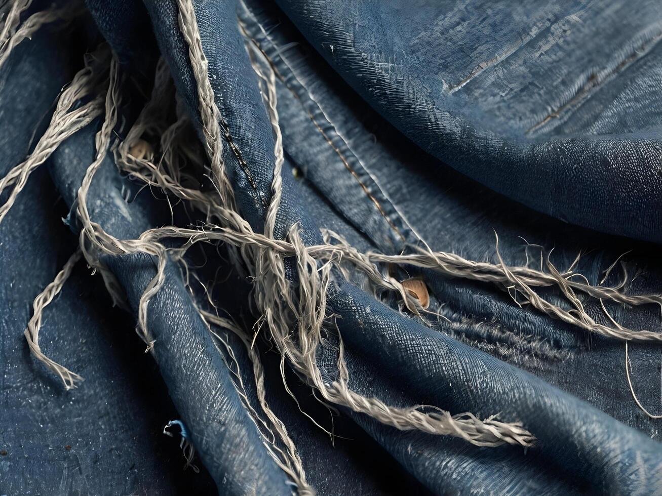 A detailed view of worn denim, showing frayed edges and stray fibers. photo