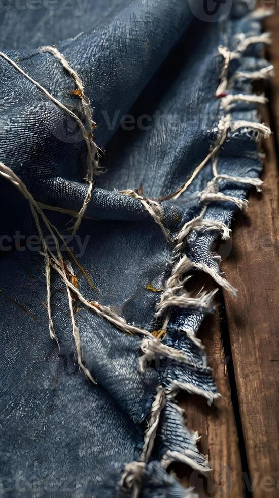 A close-up shot of frayed denim fabric with visible loose threads. photo