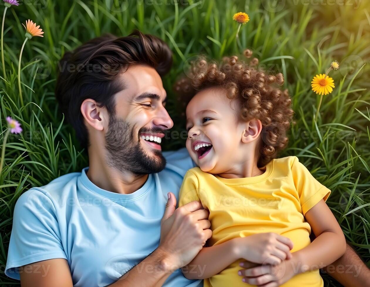 This cheerful top-view image highlights a parent and son enjoying a peaceful moment on a vibrant green lawn, symbolizing outdoor happiness and family connection. photo