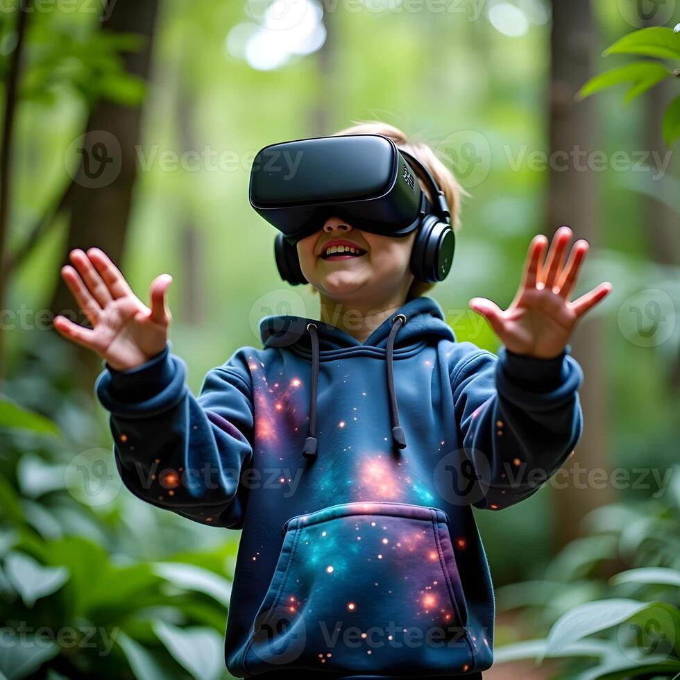 A person with VR glasses explores a vibrant forest, experiencing the beauty of nature through virtual reality while observing trees and enjoying the digital outdoors. photo