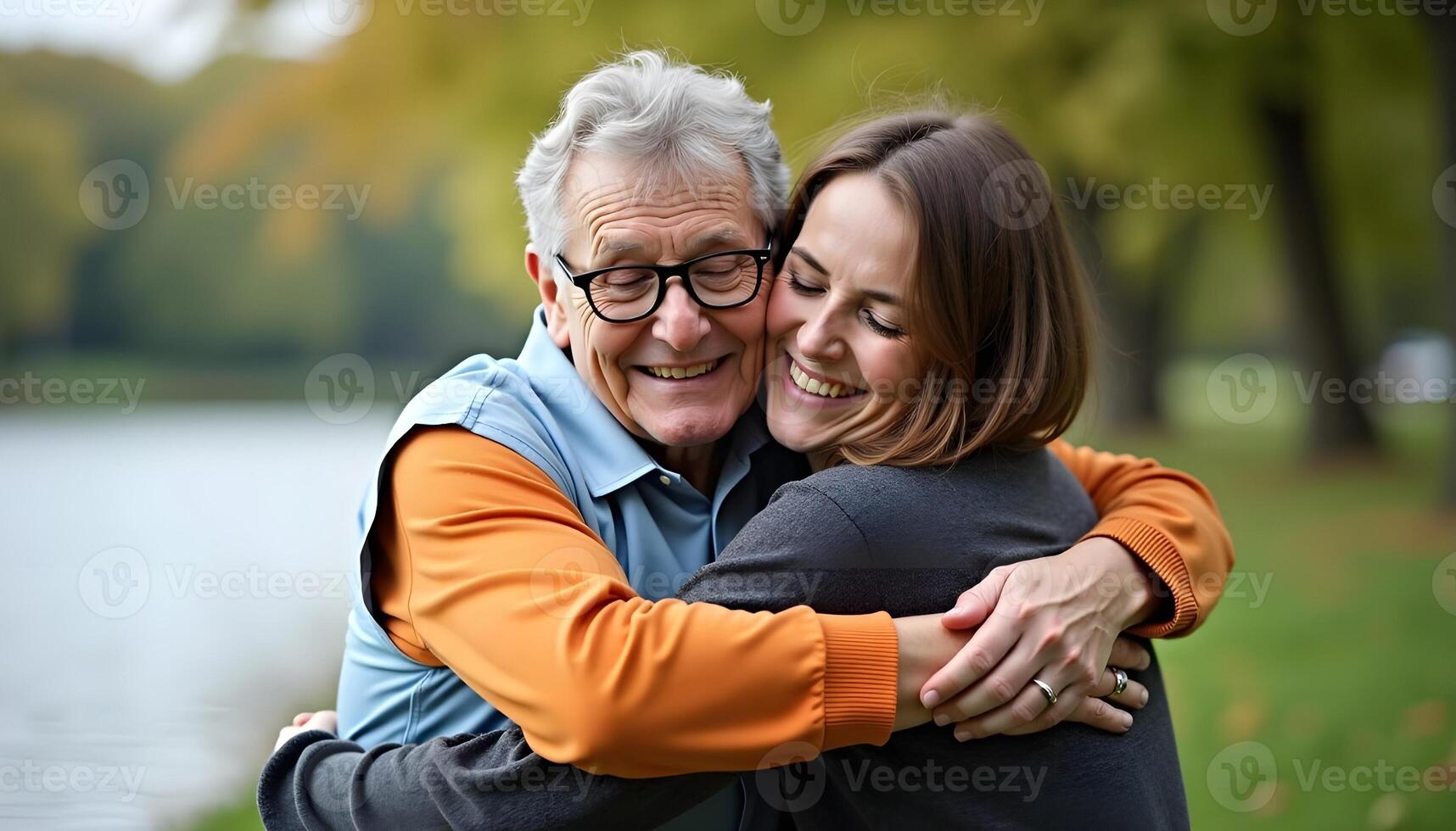 This emotional image highlights a gray-haired senior lovingly hugging their son, reflecting deep family connection and affection. photo
