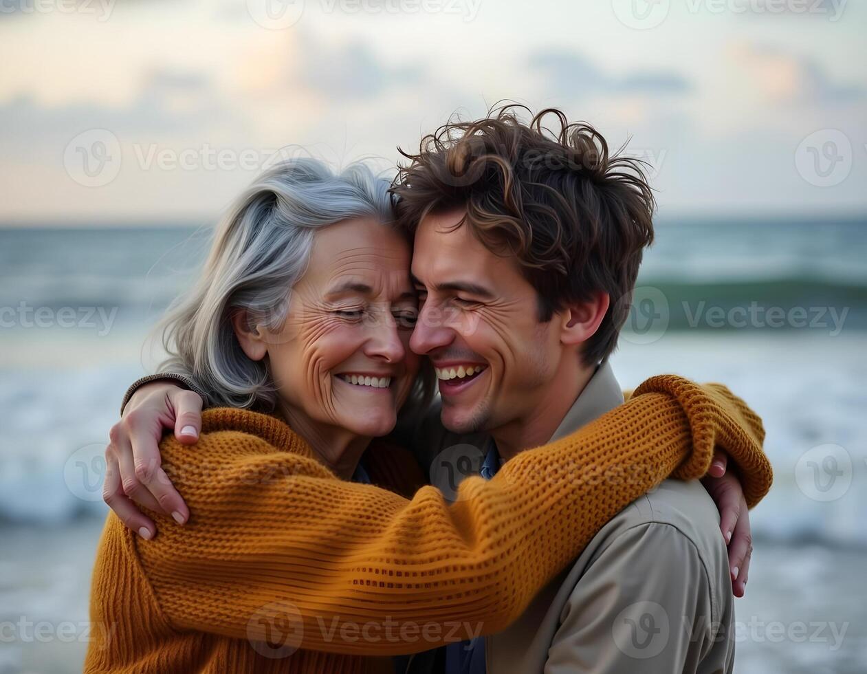 A touching moment unfolds as a smiling gray-haired senior embraces their son, symbolizing the warmth and bond of family. photo