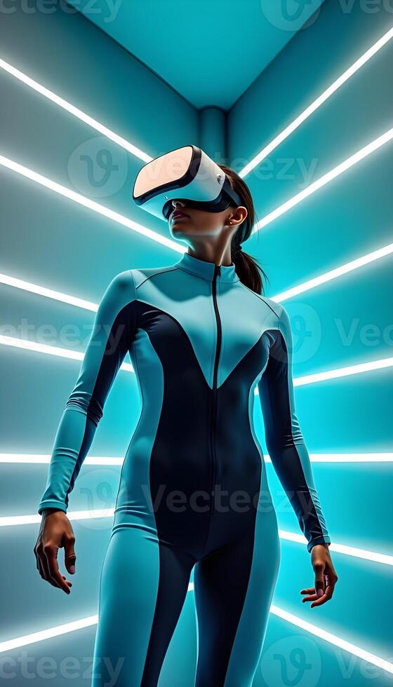 A tech-savvy woman engages with AR gadgets, wearing VR glasses and a gaming helmet, boxing with controllers in a fully immersive virtual reality metaverse. photo